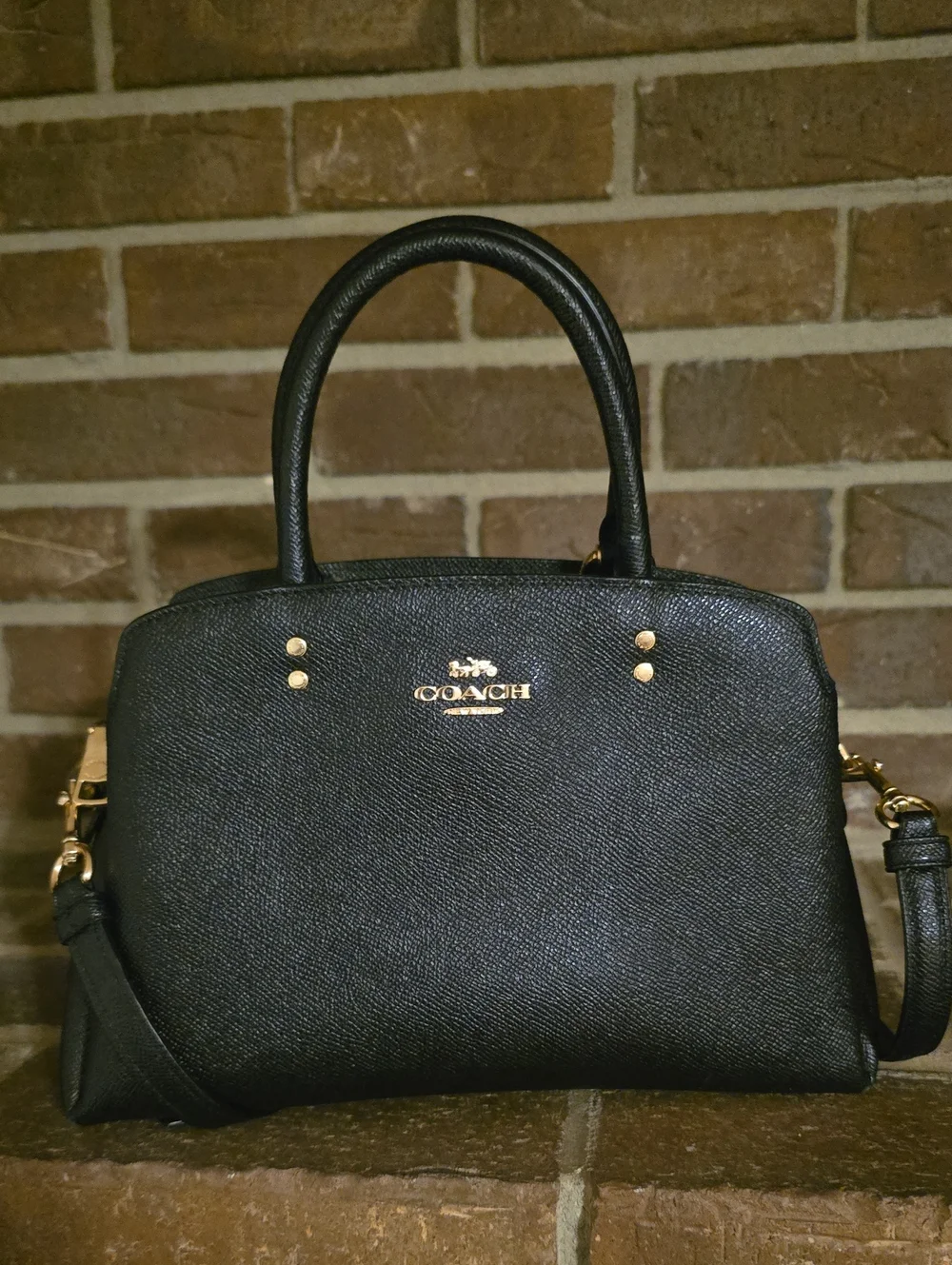 Coach 91146 Mini Lillie Carryall Black Crossgrain Leather Satchel Crossbody Bag